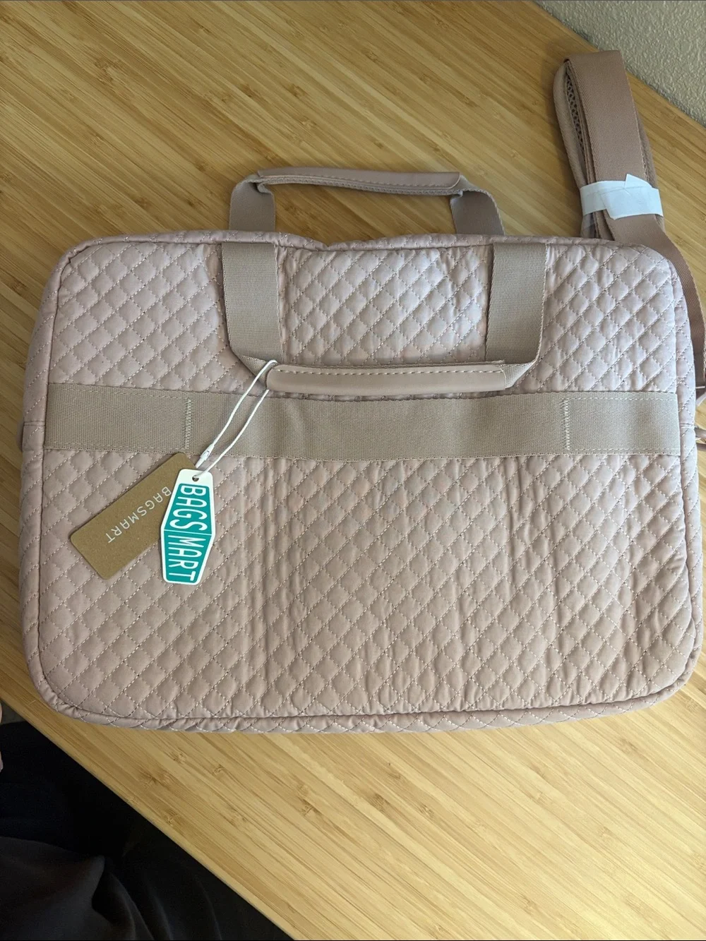 Bagsmart Quilted Light Pink Laptop Bag with Detachable Strap